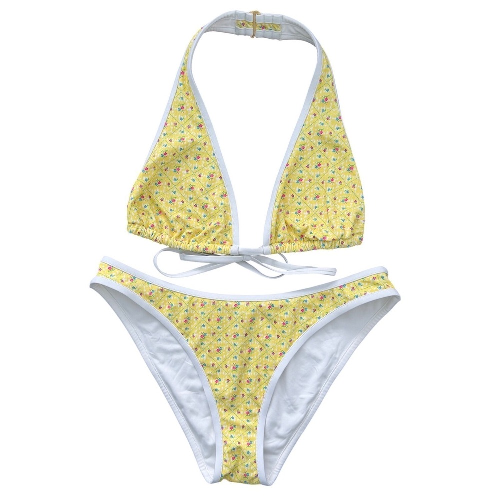PINK‎ by Frankies Bikinis Yellow Floral Plaid Halter Bikini Set XL Vaction